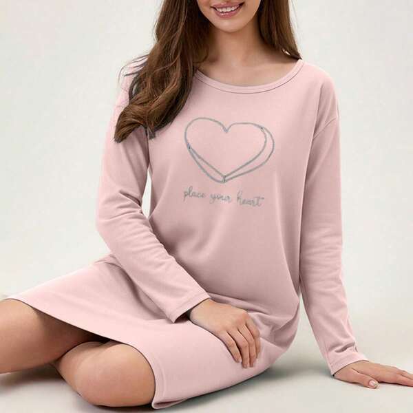 Women Cotton Contrast Colour Heart&Lettered Round Neck Printed Long Sleeve Pajama Dress