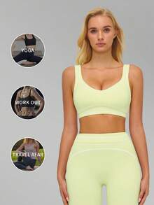 MFVIM Women's Sports Suit, Two-Piece Set With Color-Blocked Lines, Sports Bra And Flared Pants, High-Waisted, High-Elasticity, Quick-Drying Yoga Set - Olive Green - View 6