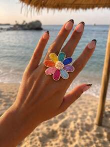 1件波希米亞風編織彩色花朵可調節戒指，適合女性，海灘、旅行、日常穿著、穿搭搭配 - 彩色 - 查看 1