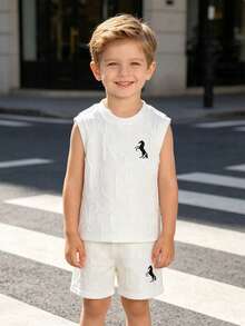 2pcs/Set Young Boy Fashionable Casual Sports Outdoor Soft & Breathable English Letter & Cartoon Horse Pattern Top & Shorts Set For Summer - White - View 8