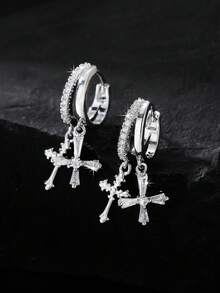 1 Pair/Unisex Fashion Double Cross Copper Zirconia Earrings, Religious Earrings Suitable For Daily Wear Or Gifting To Family And Friends - Multicolor - View 1