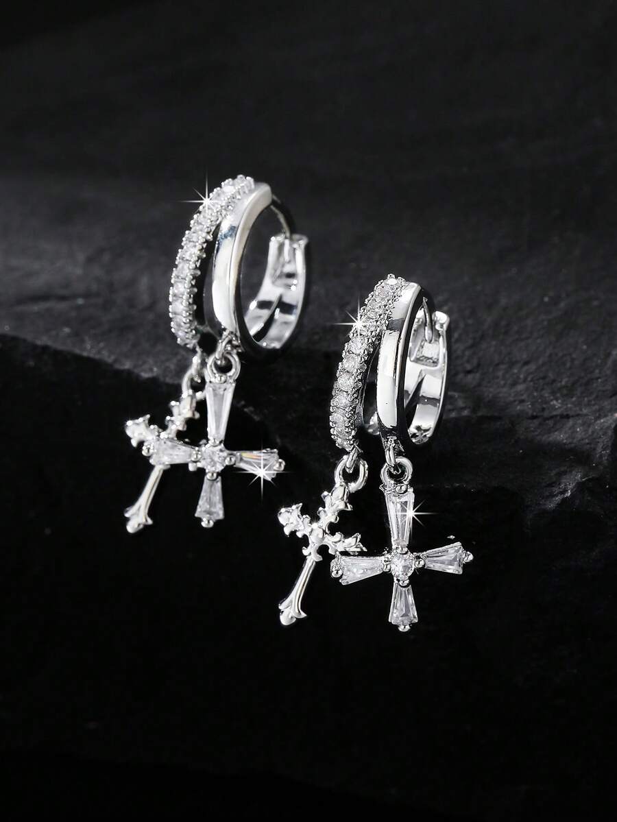 1 Pair/Unisex Fashion Double Cross Copper Zirconia Earrings, Religious Earrings Suitable For Daily Wear Or Gifting To Family And Friends - Multicolor - View 1