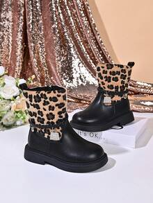 Autumn/Winter Girls' Leopard Print Plush Patchwork Mid-Calf Leather Boots With Woven Lace-Up, Rhinestone Charm, Side Zipper, Non-Slip Thick Sole, Sweet & Cool Fashion Ankle Boots - Khaki - View 5