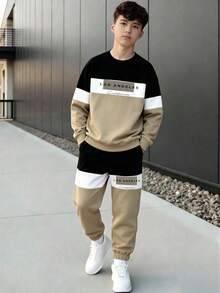青少年春秋兩件套，格紋字母印花圓領衛衣搭配同款慢跑運動長褲，簡約復古休閒百搭套裝 - 杏色 - 查看 1