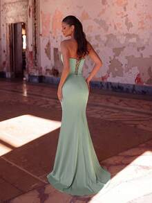 ADYCE Elegant Strapless Rhinestone Pleated High Waist Slit Backless Tie Floor-Length Party Dress, Suitable For Prom, Birthday Party, Evening Date, Christmas Birthday - Green - View 2