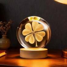 Bola de Cristal 3D con Base LED, Varios Diseños Disponibles, Luz Cálida, Regalo Romántico para San Valentín y Decoración - Trébol de cuatro hojas - Ver 1