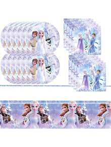 Frozen 一次性派對餐具套裝，紙盤、杯子、餐巾紙，Anna 與 Olaf 印花防水桌布，公主生日甜點桌用品，適用生日派對 - 彩色 - 查看 9