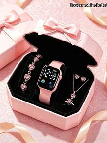 6/1pc Pink LED Digital Watch With 5pcs Heart-Shaped Rhinestone Jewelry Set, Watch Features Pink Silicone Strap And Large Digital Display Dial, Jewelry Set Includes Rose Gold Heart-Shaped Rhinestone Necklace, Bracelet, Earrings, Ring, Matching Series, Suitable For Valentine's Day, Birthday, Back To School, Best Friend Gifts, Back To School Gift - Multicolor - View 11