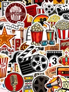 50Pcs Retro Cinema Decor Stickers, Hand-Drawn Illustrations Of Film Reel, Popcorn Bucket, Projector, Clapperboard And Vintage Theater Sign, For Journal, Water Bottle, Luggage, Retro Movie Theme Party DIY Decor - 7*6*1 - View 1