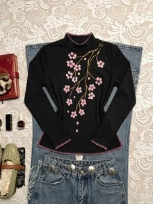 New Chinese Floral Embroidery Long Sleeve Tee, Black Stand Collar Pink Stitch Split Hem Slim Fall Daily Top - Black - View 7