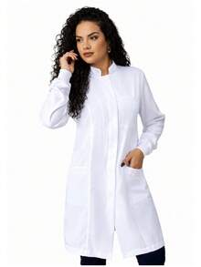 Jaleco Feminino Gabardine Branco, Botão Embutido, Gola Padre, Elástico Punho, Acinturado, Manga Longa - Gabardine - Branco - Visão 3