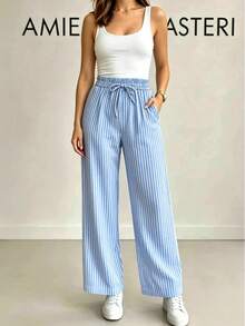 Wide Leg Striped Palazzo Pants With Pockets, NO Elastane (Size Chart Available) - Blue - View 1