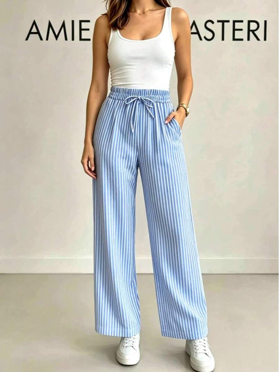 Wide Leg Striped Palazzo Pants With Pockets, NO Elastane (Size Chart Available) - Blue - View 1