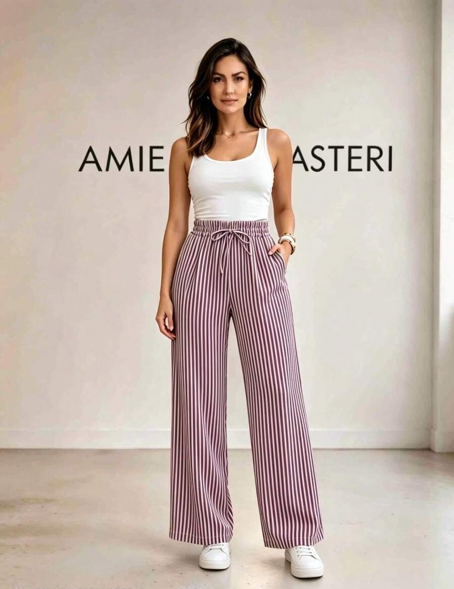Wide Leg Striped Palazzo Pants With Pockets, NO Elastane (Size Chart Available) - Burdeos - Ver 1