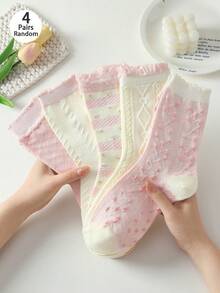 4 pares de calcetines de estilo ballet a media pantorrilla con volantes, rayas y flores en rosa & blanco, suaves & cómodos, para usar en todas las estaciones, color aleatorio - Multicolor - Ver 1