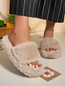 Women's Fashion Solid Color Bedroom Slippers, Minimalist Casual Design, Plush Slippers, Autumn/Winter - Grey - View 4