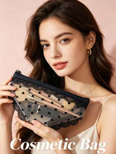 1Pc Cute Heart Mesh Underwear Shaped Makeup Bag, Lace Trim Zipper Cosmetic Pouch, Transparent Lingerie Style Storage Bag, Portable Small Travel Organizer For Lipstick Brushes Women Beauty Accessories
