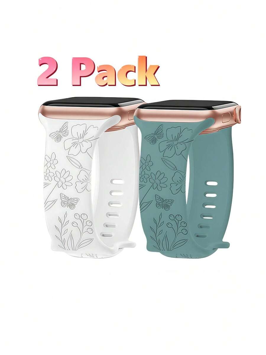 2pcs Women's Fashion Multi-Piece Carved Silicone Watch Bands, Compatible With IWatch SE/Ultra Series, S11, 10, 9, 8, 7, 6, 5, 4, 3, 2, 1 (S10/11-42mm, S10/11-46mm) Full Series, Compatible With Apple Watch 38/40/41/42/44/45/46/49mm Sizes, Women's Soft Sports Replacement Wristbands, Suitable For Daily And Holiday Wear - White Pine Needles Green - View 1