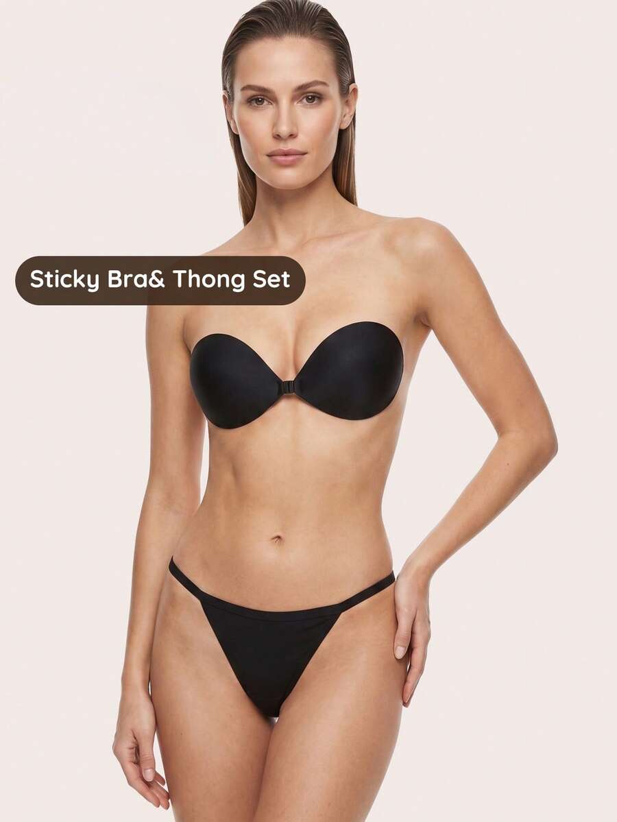 Lignisse Women's Adhesive Invisible Push-Up Strapless Sticky Bras With Thong ,Instant Breast Lift, Suitable For Backless Evening Gowns And Special Occasions - Multicolor - View 1