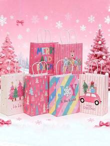 6pcs/1pc Pink-Themed Gift Bags (Featuring "Merry Christmas," Snowflake, And Christmas Tree Patterns) – Suitable For Gift Wrapping For Christmas Parties, Winter-Themed Events, Christmas Dinners, Birthday Parties, And More. - One Size Fits All - View 2