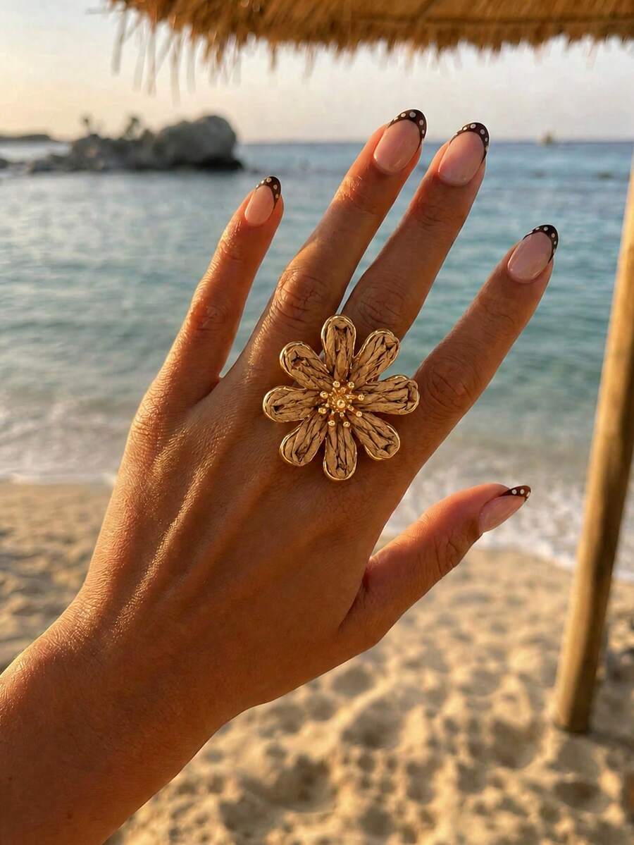 1件波希米亞度假風拉菲草咖啡色花朵戒指,適合女性海灘出遊日常穿搭的多功能配件 - 咖色 - 查看 1