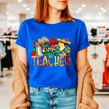 Women's Teacher Graphic Cotton T-Shirt, Short Sleeve Crewneck Casual Tee With School Supplies Print, Comfortable Loose Fit Top For Daily Wear, S-5XL - 藍色 - 查看 15