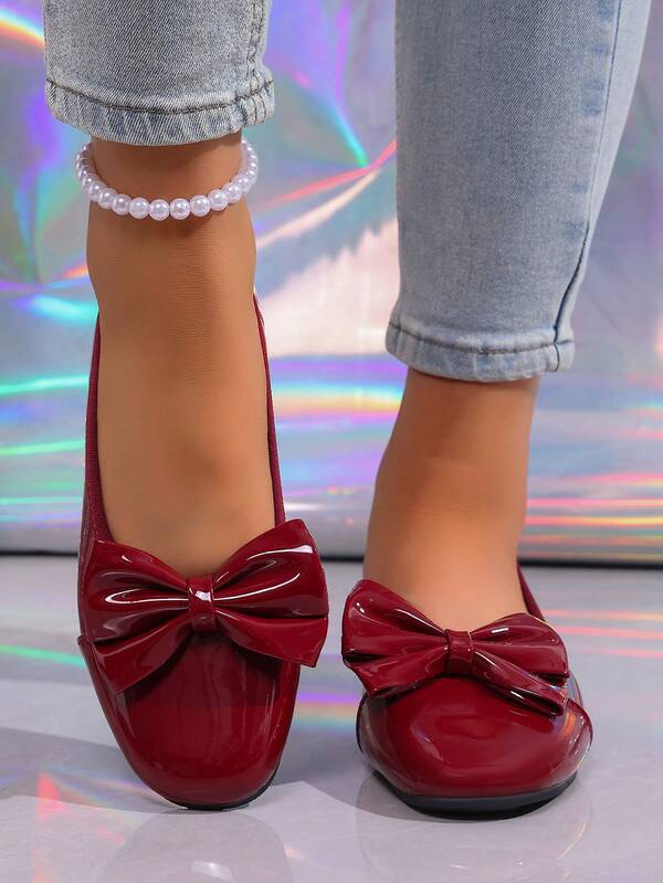 Red Solid Color Preppy College Bow Flat Shoes 2026 Fashion Outdoor All Season