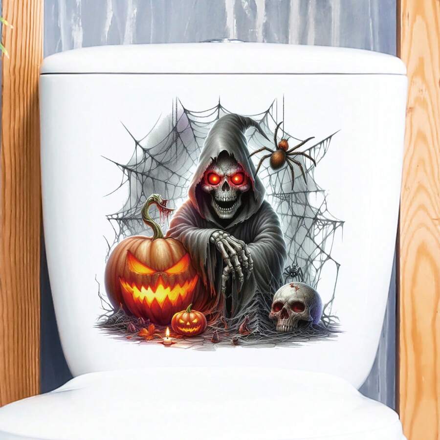 1pc Halloween Pumpkin Elf Horror Toilet Sticker, PVC Removable Halloween Ghost Wall Decal, Holiday Home Party Bat Spider Web Self-Adhesive Wall Sticker - 33342- Ghost 02 - View 1