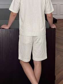 Men's Linen Blend Pleated Bermuda Shorts, Knee Length Straight Leg Matching Co-Ord Shorts - Apricot - View 5