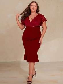 Gaun Koktail Duyung Leher V Wanita Ukuran Plus, Gaun Wisuda, Prom, dan Acara Homecoming dengan Lengan Berkerut dan Renda - Burgundy - View 6