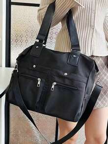 Tas Tote Wanita Minimalis Serbaguna Warna Solid Bahan Nilon dengan Banyak Kantong, Tas Tangan Gaya Mahasiswa Kapasitas Besar untuk Kembali ke Sekolah dan Liburan, Tas Bahu Ringan Kasual untuk Aktivitas Luar Ruangan, Perjalanan, Belanja, dan Perjalanan, Tas Selempang untuk Kerja, Bisnis, dan Perjalanan Sehari-hari - Hitam - View 3