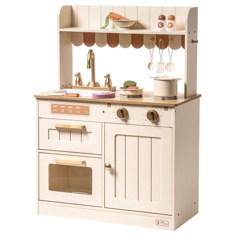Robud Large Wooden Play Kitchen For Toddlers 3+ - Realistic Cooking Set With Vintage Design, Interactive Sink, Oven, Burners And Storage