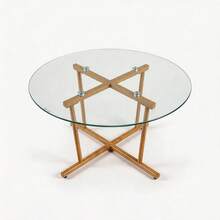 JULONGC 27.56 Inch Round Tempered Glass Coffee Table Minimalist Accent Table With Grain Cross Metal Legs Anti-Collision Small Side Table For Living Room Bedroom Balcony Home Decor - Natural + Transparent + Tempered Glass + Round - View 10