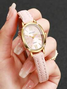 Women's Gift Watch PU Leather Strap Oval Roman Numeral Dial Fashion Niche Quartz Wristwatch, Gift For Girlfriend (1pc/Set) Watch Box Not Included - Pink - View 2