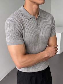 ZYNTH BALENO Men's Summer Fashion Cable Knit Slim Fit Regular Shoulder POLO Collar Short Sleeve Sweater, Suitable For Outdoor Sports, Gym Workouts - Light Grey - View 3