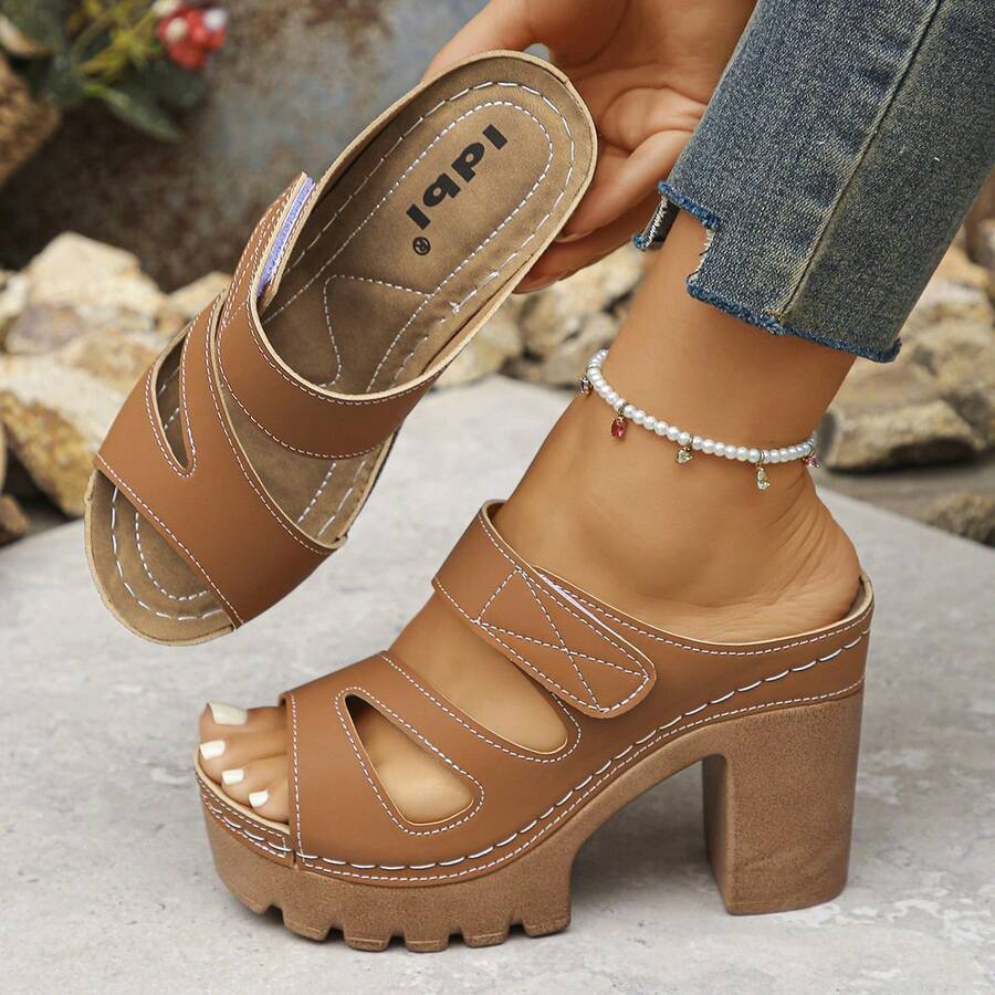 Women's Hollow Out Thick Sole Mule Sandals, Hook And Loop Strap Chunky Square Heel Slip-On Shoes, Brown