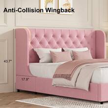 Modern Velvet Upholstered Bed Frame With Curved Wingback Design, Wooden Platform Bed Frame For Bedroom, Full Bed Frame/ Queen Bed Frame/ King Bed Frame/ Full Size Bed Frame/ Queen Size Bed Frame/ King Size Bed Frame,Pink/ White/ Grey - 粉色 - 查看 2