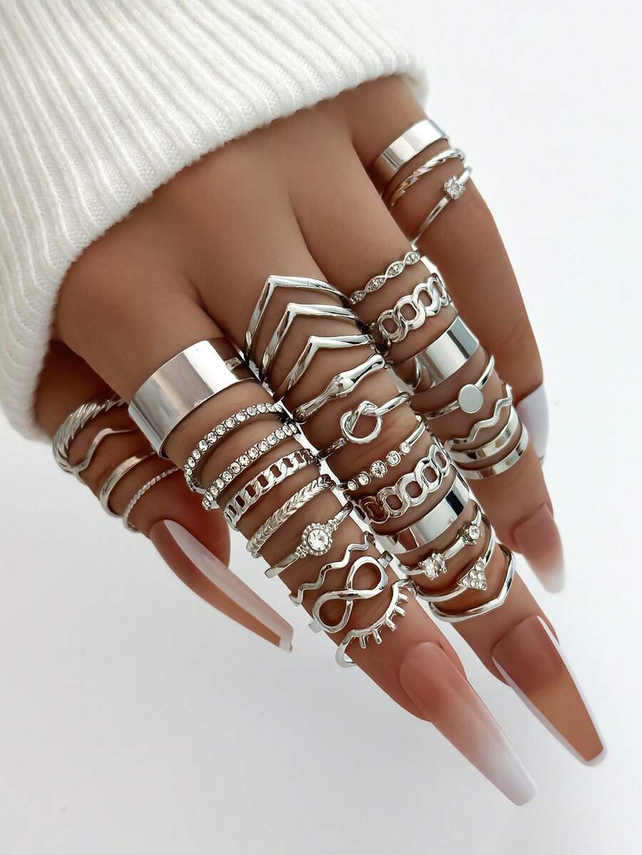 30PCS Ins Cold Style Chain Rhinestone Rings, Multi-Layer Thin Band Rhinestone Geometric Chain Versatile Hand Jewelry Ring Set For Women - Silver - View 1