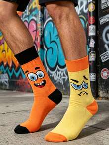 1 Pair Unisex Orange & Yellow Contrast Mid-Calf Socks, Featuring Quirky Cartoon Expression Pattern, Contrast Color Trim On Cuff And Toe, Street Style, Fun & Personalized, Suitable For Daily Wear, Skateboarding, Or Holiday Gift, All Seasons, Especially Lightweight And Comfortable For Spring And Summer - Multicolor - View 6