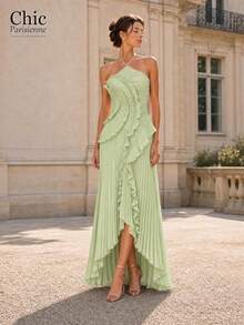 Light Green:Light Green Halter Asymmetrical Hem Pleated Maxi Gown - 淺綠 - 查看 2