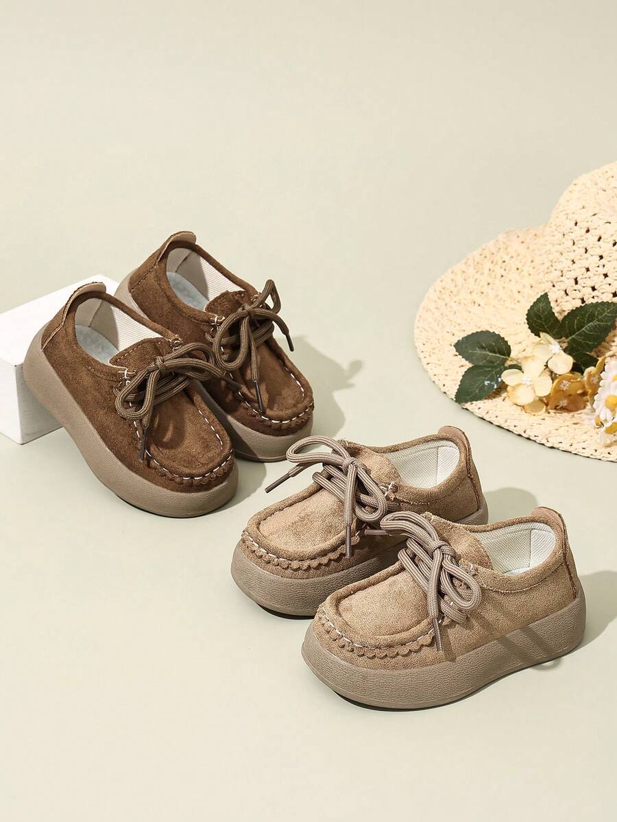 Children's Vintage Lace-Up Suede Upper Moccasin Casual Shoes, Non-Slip Walking Shoes, Suitable For Girls' Daily Outdoor Wear And School Activities, Cute Matching Shoes - Khaki - View 1