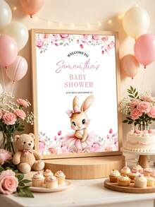 1pc Personalized Pink Plaid Goose 1st Birthday Welcome Sign, Girl First Birthday Party Floral Bow Theme Entrance Sign, Custom Party Decoration - Pink - View 17