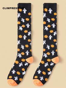 CLIMPRESSION Unisex Halloween Knee-High Socks, Ghost & Pumpkin Pattern Long Socks, Creative Holiday Costume Socks - Black - View 7