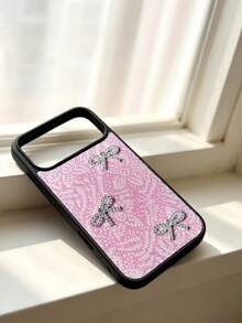 1pc Glitter Pink Fabric Flower 3D Rhinestone Bow PC+TPU Phone Case, Compatible With Apple 17 17Pro 17ProMax 16ProMAX 16PRO 16 11 12 13 14 15 12Pro 13Pro 14Pro 15Pro 14ProMAX 15ProMAX Apple Phone Protective Shell - Pink - View 1