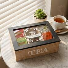 1pc Wooden Tea Box, Multiple Sizes Available, Tea Bag Compartment Storage Box, Coffee Pod Multi-Purpose Container With Transparent Flip Lid, Desktop Tea Bag & Tea Leaf Storage Box, 6-Grid Coffee Snack Tea Bag Organizer, Candy Storage Container, Creative Home Decor, Wooden Storage Box With Transparent Glass Lid, Black/White - 6 Grids - View 1