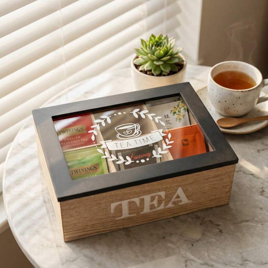 1pc Wooden Tea Box, Multiple Sizes Available, Tea Bag Compartment Storage Box, Coffee Pod Multi-Purpose Container With Transparent Flip Lid, Desktop Tea Bag & Tea Leaf Storage Box, 6-Grid Coffee Snack Tea Bag Organizer, Candy Storage Container, Creative Home Decor, Wooden Storage Box With Transparent Glass Lid, Black/White - 6 Grids - View 1