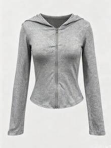 Women's Autumn/Winter Short Hooded Sweatshirt Jacket, Long Sleeve Sports Sweatshirt - Light Grey - View 4