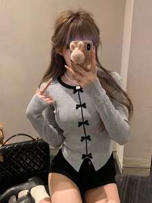 秋冬韓系甜美女孩休閒學院風撞色圓領蝴蝶結長袖女款修身針織保暖內搭上衣 - 灰色 - 查看 3