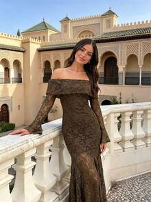 Autumn/Winter Fashion Elegant Fitted Knit Jacquard Floral Pattern Romantic Party Elegant Jacquard Off-Shoulder Long Dress Long Sleeve Bell Cuffs Hem Patchwork Design Fully Lined - Army Green - View 4