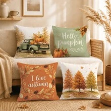 Autumn Forest Truck Pumpkin Cushion Cover 4-Piece Set, Single-Sided Printed Peach Skin Velvet Polyester Material, 45*45CM Pillow Covers For Modern Fabric Sofa Indoor Decor, Party Decoration, Gift Giving - Multicolor - View 5